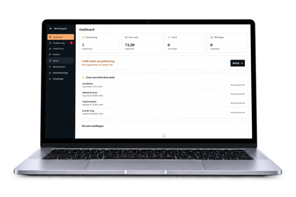 Michelangelo: website gepresenteerd op een laptop op een lichtgrijze achtergrond